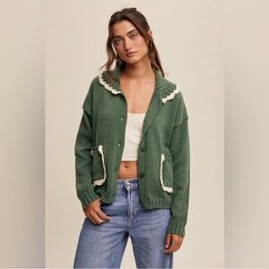 Listicle Green Cardigan with Cream Trim